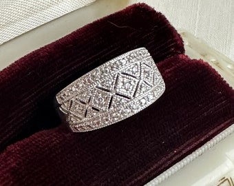 10K White Gold Filigree Round Diamond Wide Band Ring, 10K TAJ Gold Diamond Band