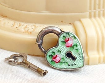 Vintage 1940's Sterling Silver Enamel Green Guilloche w/ Roses Heart Lock Charm and Key