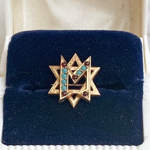 Delta Sigma Delta 10k yellow gold turquoise & garnet cabochon Fraternal Badge Pin, Antique gold Greek Fraternity pin Badge, DSD antique pin