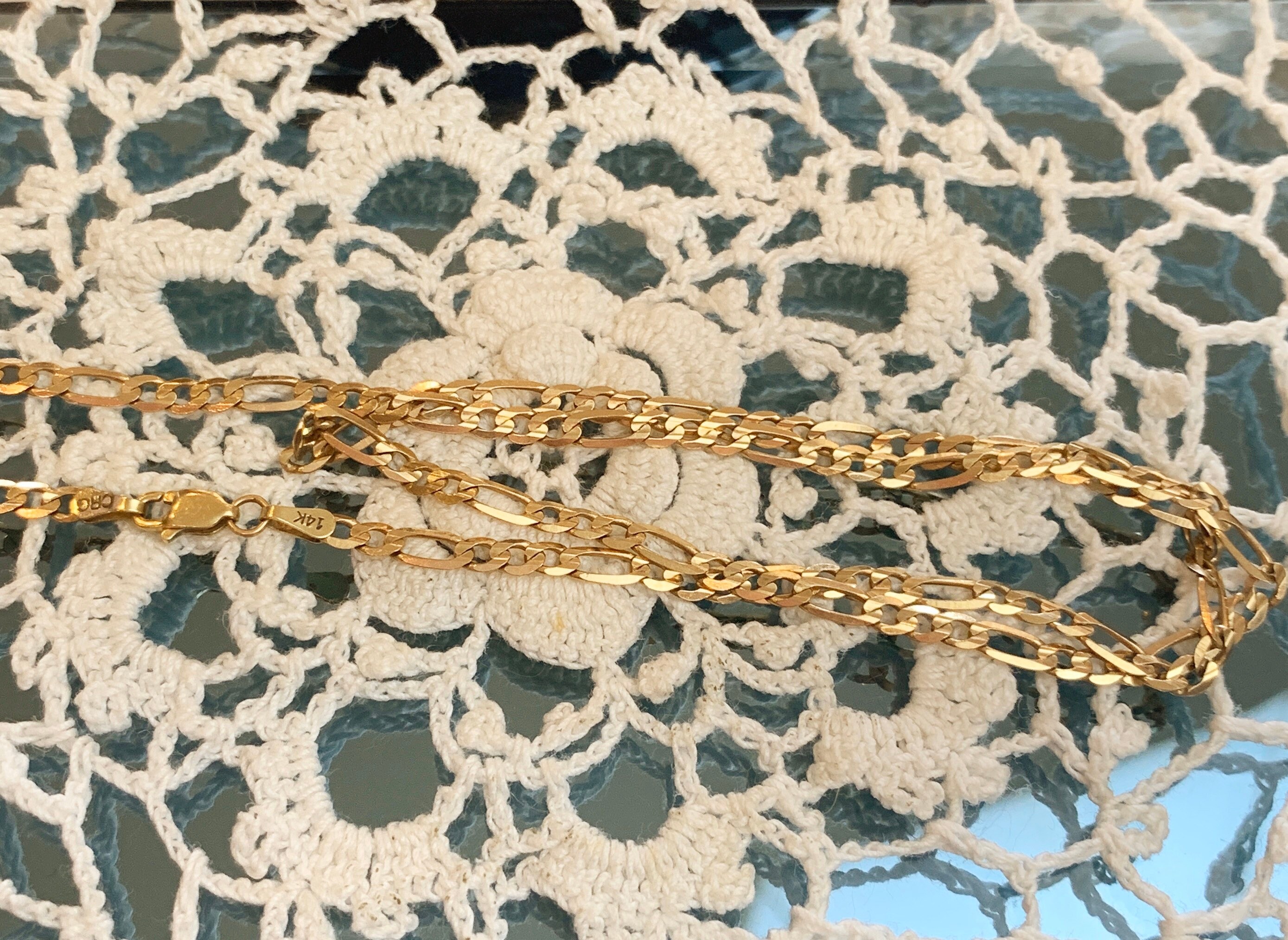 14K Yellow Gold Figaro Flat Link Chain Necklace 14K CRG Diamond