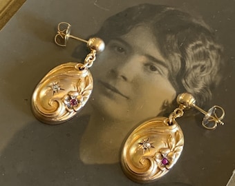 Art Nouveau 14K yellow gold Ruby & Diamond drop dangle floral earrings