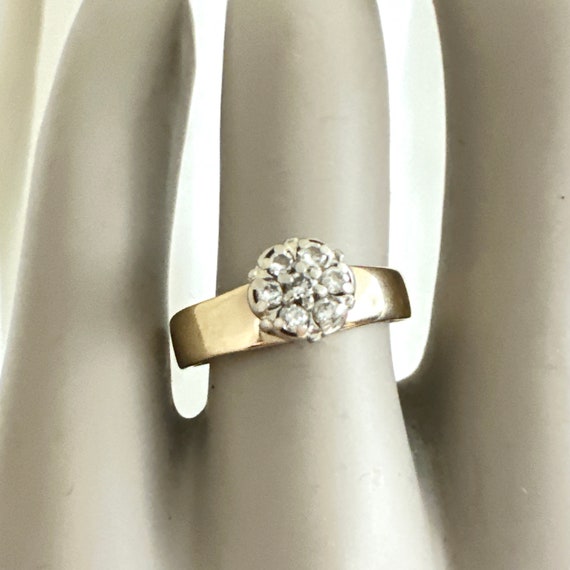Vintage 14K two tone gold round diamond floral cl… - image 1