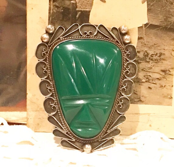 Massive Sterling Silver Carved Green Onyx Aztec M… - image 5