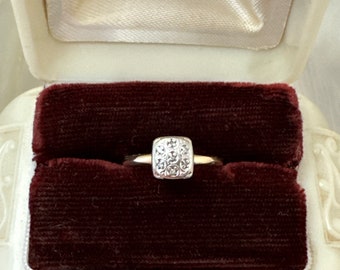 Vintage 10K yellow & white gold round diamond cluster engagement Ring, 10K two tone gold square 7 diamond cluster Ring