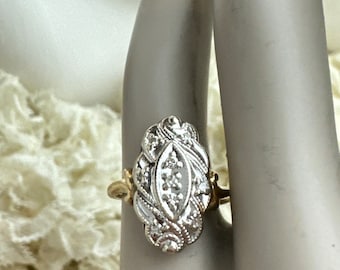 14K Yellow & White Oval Sweetheart Diamond Engagement Ring   Vintage 14k two tone gold round Diamond Sweetheart ring