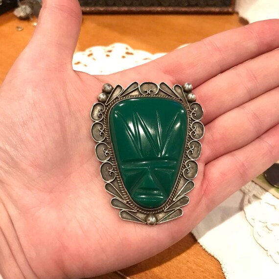 Massive Sterling Silver Carved Green Onyx Aztec M… - image 7