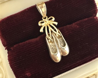 14K & Sterling Silver Ballerina Pointe Shoes Pendant, 2 tone Ballet Shoes Bow Knot necklace pendant