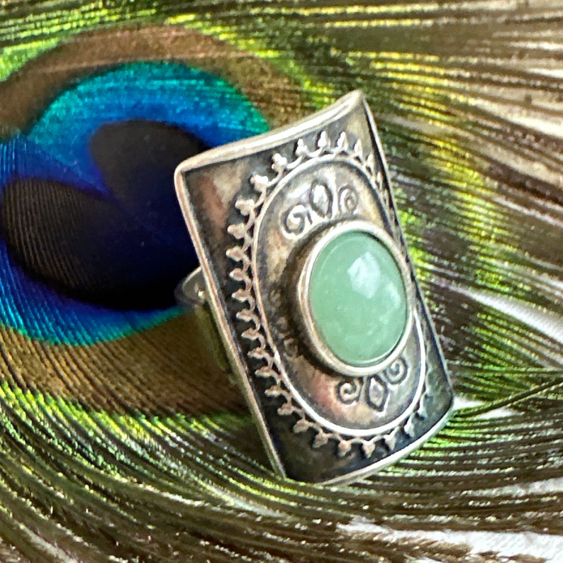 Didae 925 Sterling Silver Oval Jadeite Cabochon Ring, Boho Sterling Silver Statement Ring, Sz 7 image 5
