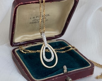 14K Solid Yellow & White Gold pendant necklace, 14k two tone Gold diamond cut teardrop pendant Necklace,