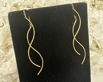 14K Yellow Gold Wavy Threader Earrings, 14k cascading ribbon threader earrings