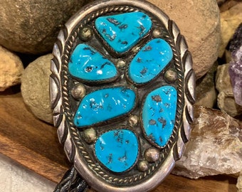 Navajo Artisan handmade Sterling Silver Turquoise nugget cluster Bolo Tie, 1970's Lester Ortiz signed Sterling silver & Turquoise Bolo Tie