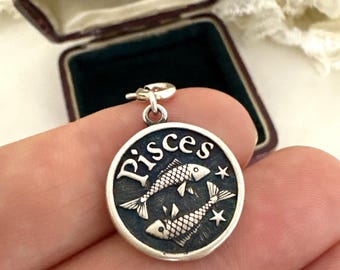 Sterling Silver double sided Pisces Zodiac Charm Pendant