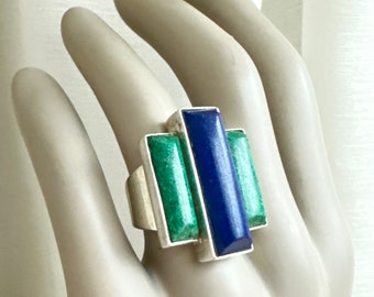 Jay King DRT Sterling Silver Malachite & Green Turquoise Ring, Desert Rose Trading 925 Silver Statement Ring, Sz 7