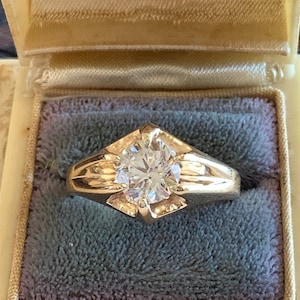 1.50 Ct Old European cut Diamond 10K yellow gold Antique Unisex Solitaire Ring, Victorian 10k Belcher set round Diamond Engagement Ring image 2