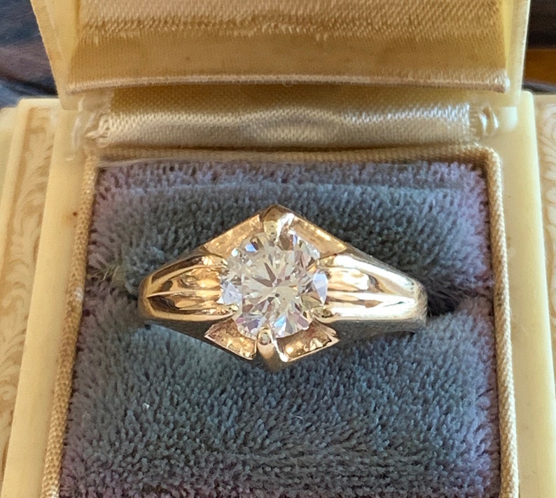 1.50 Ct Old European cut Diamond 10K yellow gold Antique Unisex Solitaire Ring, Victorian 10k Belcher set round Diamond Engagement Ring image 2