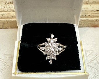 14K White Gold Round Diamond Cluster cocktail Ring, Vintage 14k gold diamond Statement Ring,  0.54 ctw