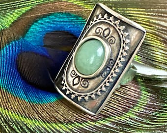 Didae 925 Sterling Silver Oval Jadeite Cabochon Ring, Boho Sterling Silver Statement Ring, Sz 7