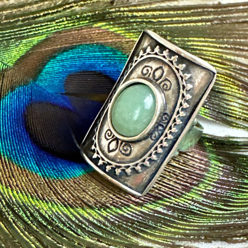 Didae 925 Sterling Silver Oval Jadeite Cabochon Ring, Boho Sterling Silver Statement Ring, Sz 7 image 1