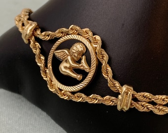 14K Yellow Gold Cherub Black Onyx Rope Bracelet, Vintage 14k gold onyx medallion bracelet, 10.5g