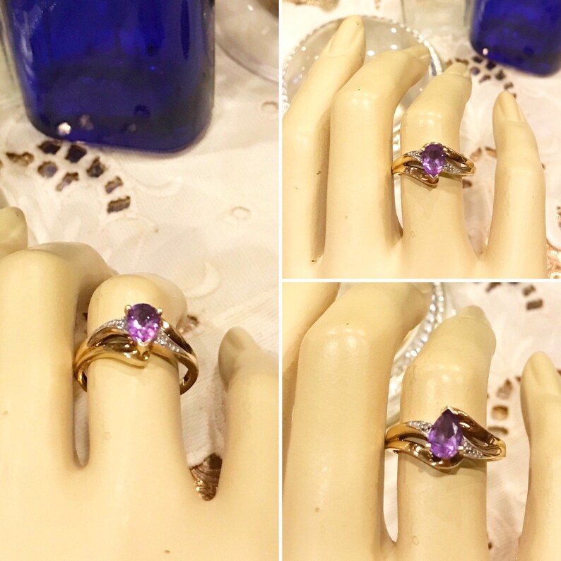 Vintage 10k two tone gold purple Amethyst /& diamond crossover ring Sz 6 10k yellowwhite gold tear drop Amethyst diamond ring stamped AU
