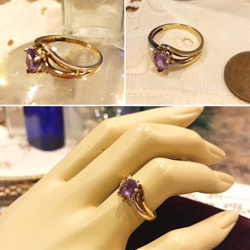 Vintage 10k two tone gold purple Amethyst /& diamond crossover ring Sz 6 10k yellowwhite gold tear drop Amethyst diamond ring stamped AU