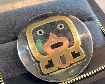 Taxco Artisan Mixed Metal Aztec mosaic Brooch, Nestor Sterling Silver, Brass, Copper, & Crushed Stone Mosaic Inlay Brooch, #3 Eagle stamp