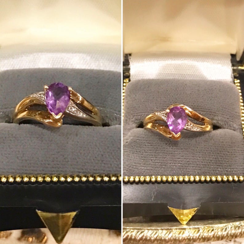 Vintage 10k two tone gold purple Amethyst /& diamond crossover ring Sz 6 10k yellowwhite gold tear drop Amethyst diamond ring stamped AU