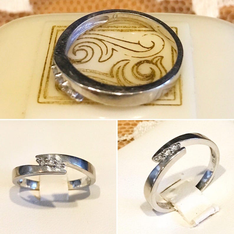 10K White Gold Diamond Trio Crossover Ring 10k White gold 3 round diamond crossover band Modern 10k diamond ring