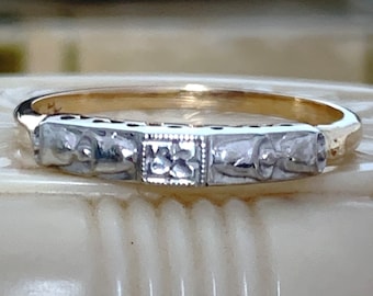 Vintage 14K Two Tone Gold Floral Wedding Band Ring, Size 6