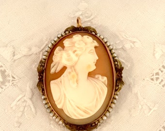 EDWARDIAN 10K Yellow Gold Shell Cameo & Pearl Pendant Pin Brooch