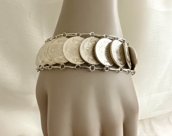 Vintage Mexican 720 Silver Coin Bracelet, 1925-1943 Mexico 20 Centavos Silver Coin Bracelet,