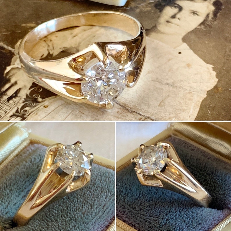 1.50 Ct Old European cut Diamond 10K yellow gold Antique Unisex Solitaire Ring, Victorian 10k Belcher set round Diamond Engagement Ring image 9