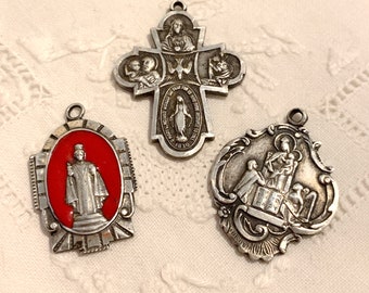 Vintage Sterling Silver Catholic Religious Pendant Medals, Lot of 3 Sterling Double Sided Catholic Medallion Charms,
