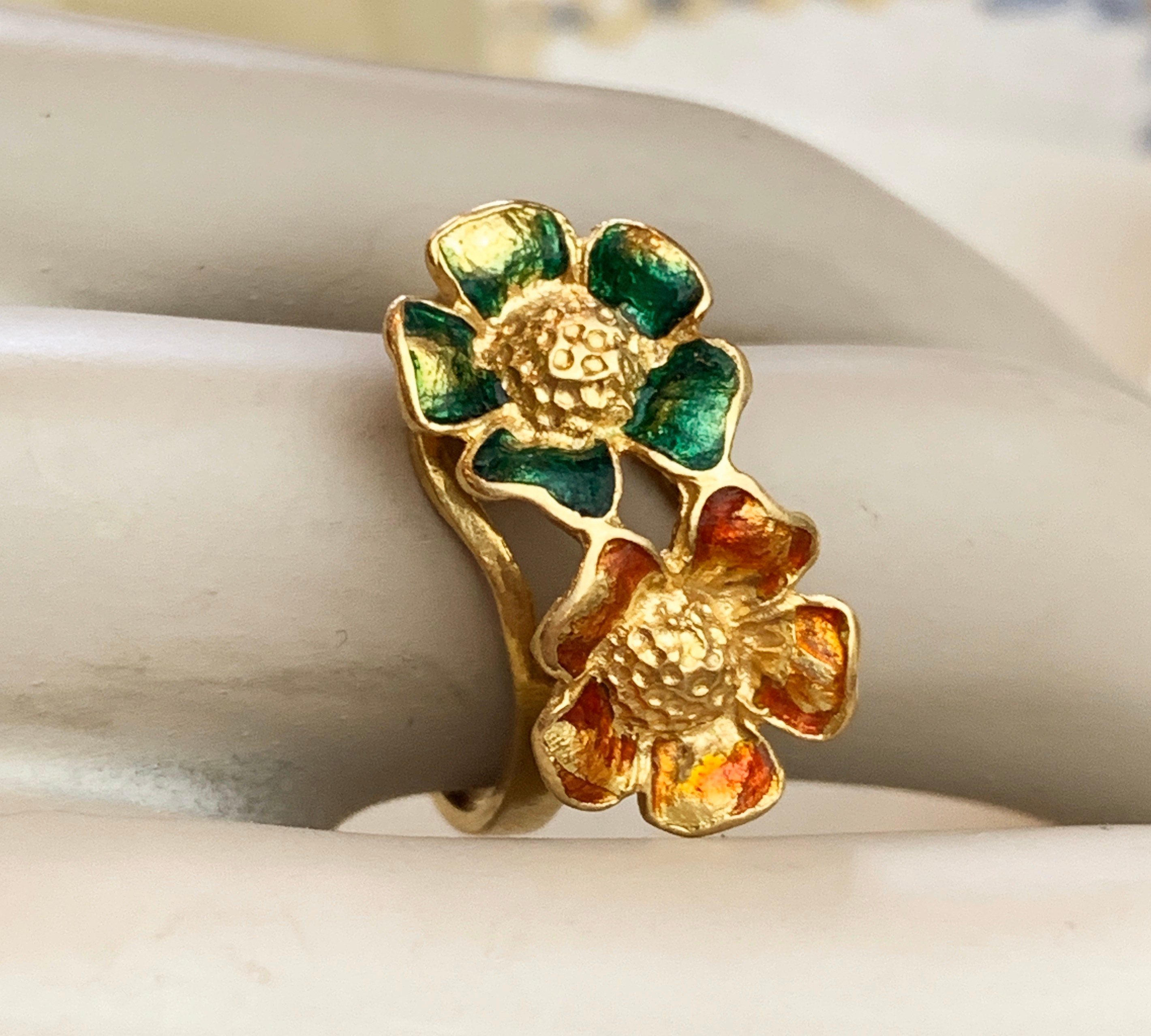 Italian 14kt Yellow Gold and Enamel Flower Ring | Ross-Simons