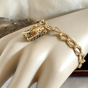 Vintage Gold Filled Double Curb Link Bracelet & 925 Sterling Vermeil Tank Charm 7.5&quot; Inch