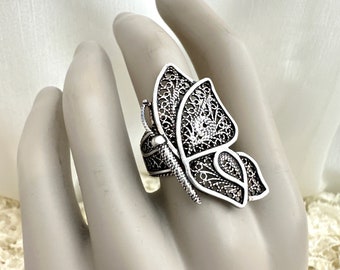 Sterling Silver Filigree Butterfly Ring, DGS 925 Turkey Sterling Silver Statement Ring, Sz 7