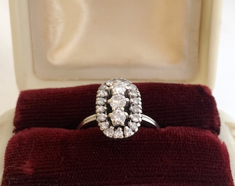 14K White Gold Round Diamond Cluster cocktail Ring, Vintage 14k gold diamond halo Engagement Ring,  1.50 ctw