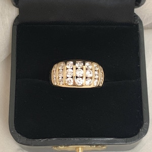14K Yellow Gold Channel Set triple row Diamonique CZ Ring, 14K yellow Gold DQ Cubic Zirconia Wedding Band, Mexico