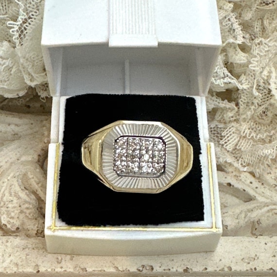 Mens 10K ZEI Yellow White Gold Round Diamond Cluster Ring