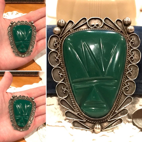 Massive Sterling Silver Carved Green Onyx Aztec M… - image 9