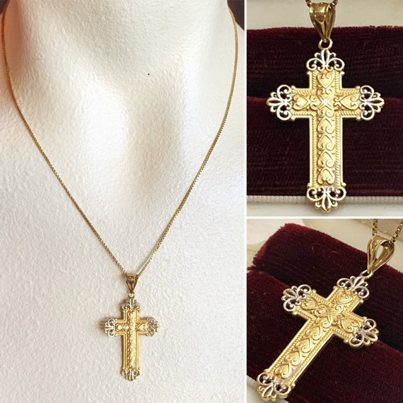 14k ornate filigree 2tone gold Cross pendant necklac… Gem