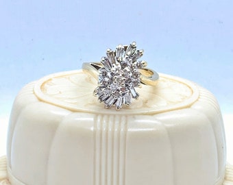 10K Gold Diamond Cluster Ring Baguette Waterfall Cocktail Ring Size 8  5.4 Grams
