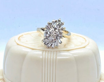 10K Two tone Gold waterfall Round & tapered Baguette Diamond cluster Ring