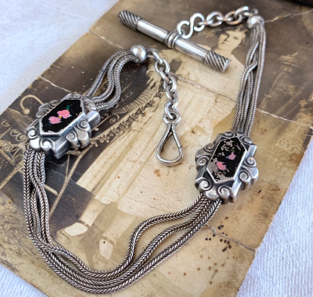 French Sterling Silver Pocket Watch Chain, Painted Floral Enamel Slide