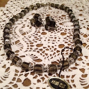 Vintage Hand Cut Crystal Bead Necklace & Clip On Earrings Set
