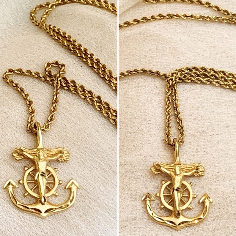 14k yellow gold Anchor Mariner Cross pendant necklace unisex Etsy