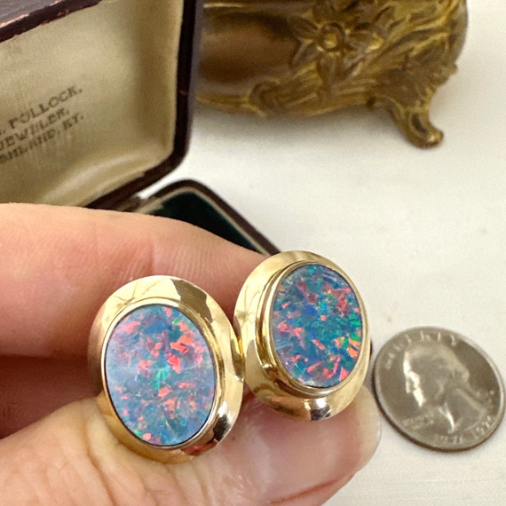 Vintage 9ct Yellow Gold Oval White Opal Cufflinks… - image 1