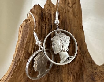 1942 Mercury Dime Cutout Earrings, WWII Silver Liberty Coin Dangle Earrings