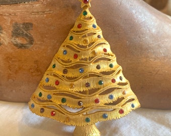 JJ Jonette signed Christmas Tree Rhinestone pin brooch, 1960’s JJ Christmas tree brooch,  Book piece