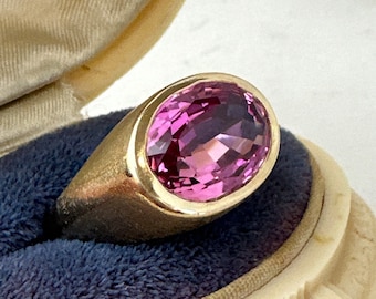 Vintage 10K yellow gold bezel set oval Faceted Pink Sapphire Ring, 10KT Italian Gold Pink Gemstone Statement Ring, Sz 9.75